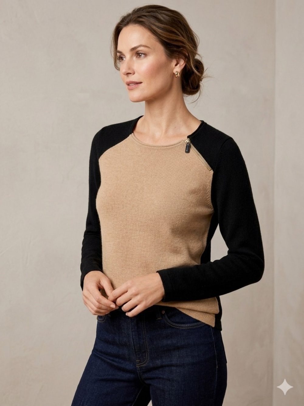 Talbots Colorblock Sweater wool blend m Long Sleeve w/ Zipper Detail Medium